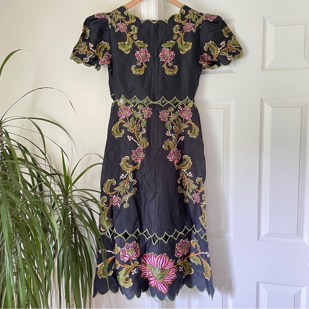 FARM Rio Ravenela Floral Embroidered Black Linen Midi Dress Women's Small NWT - Picture 9 of 16
